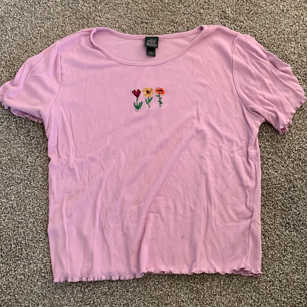 Medium Pink Shirt with Flowers on front.